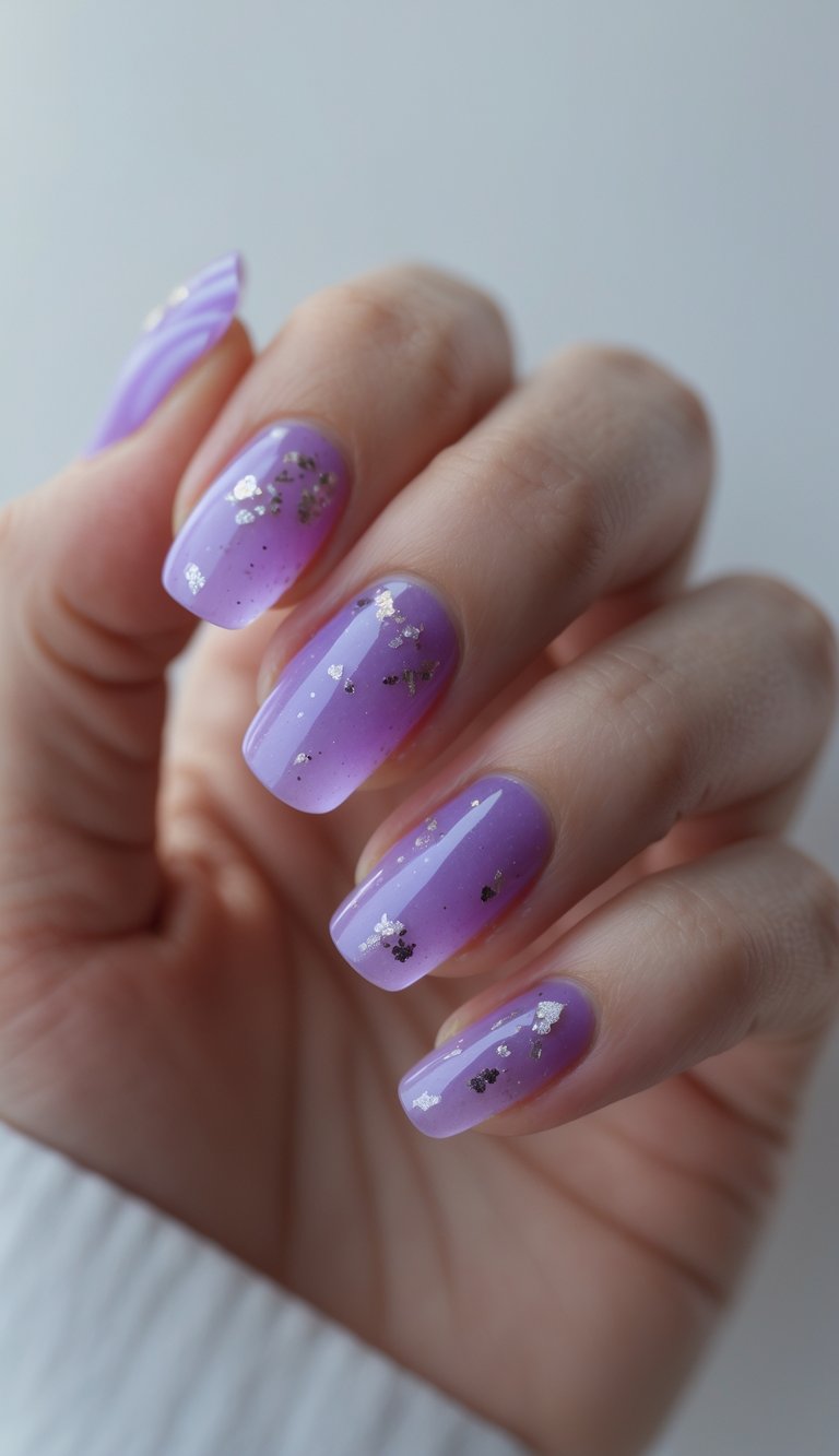 Close-up of a hand with translucent purple nails decorated with silver flakes against a white background.