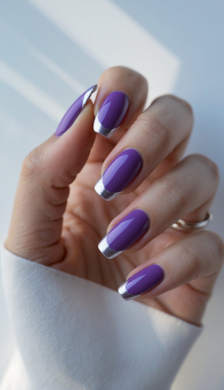 Close-up of one hand with purple French tip nails decorated with thin silver lines against a white background.