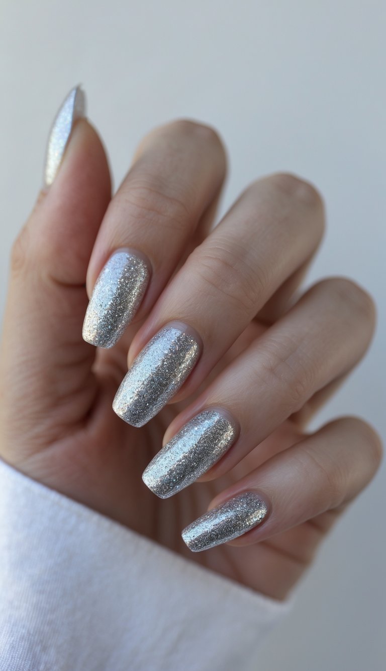 Close-up of one hand with silver glitter tips on neatly manicured nails against a white background.