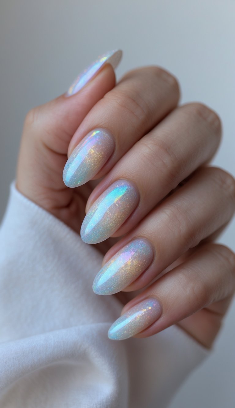Close-up of one hand with shimmering opal stone effect nail art against a white background.