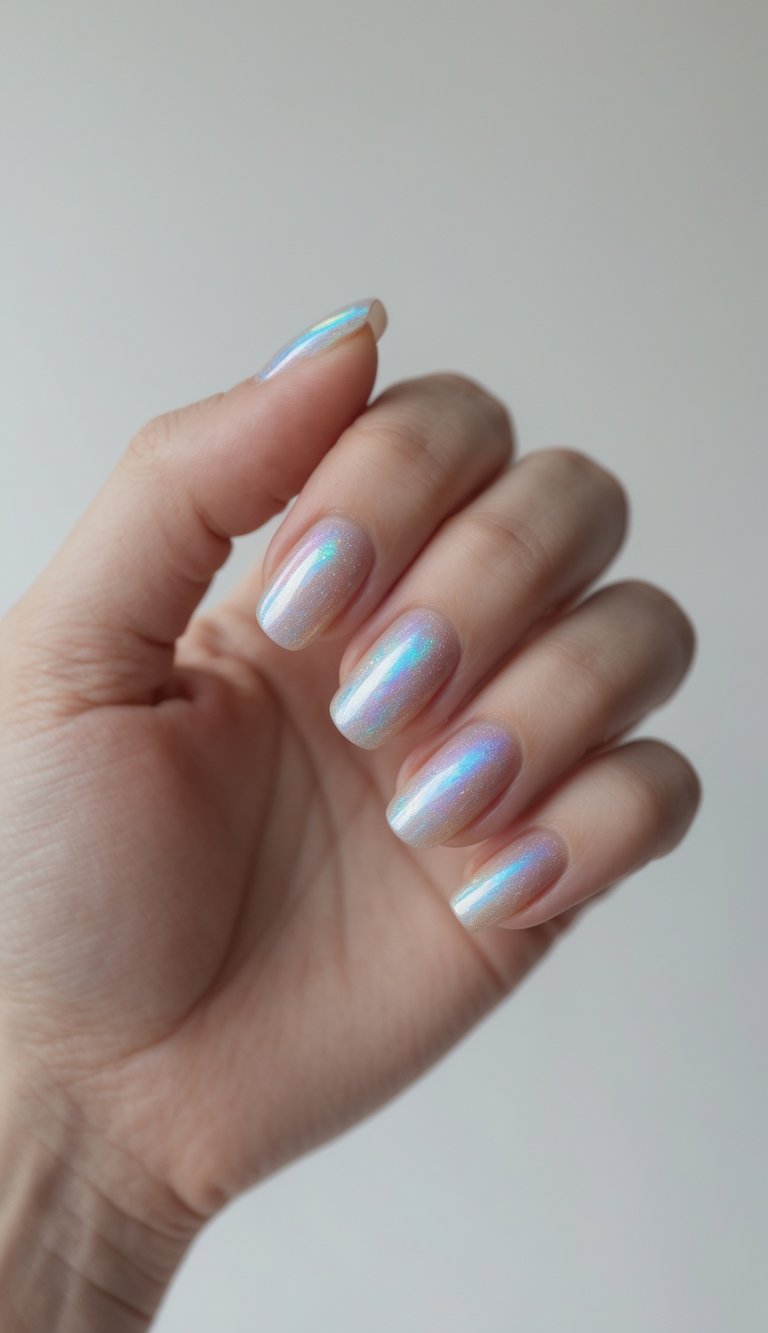 Close-up of one hand with nails painted in sheer holographic nail polish against a white background.