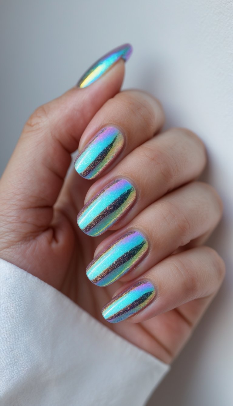 Close-up of one hand with chrome holographic nails showing a rainbow effect against a white background.