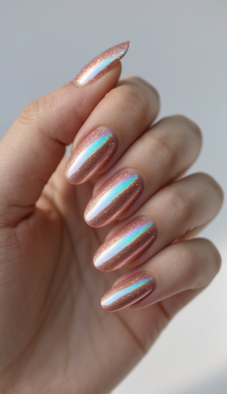 Close-up of a single hand showing rose gold holographic nails against a white background.