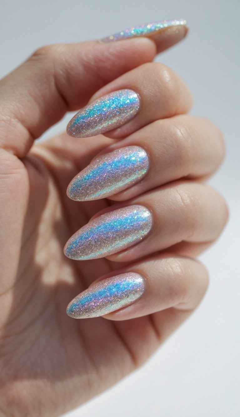 Close-up of a single hand with oval-shaped nails painted in holographic sparkle polish against a white background.