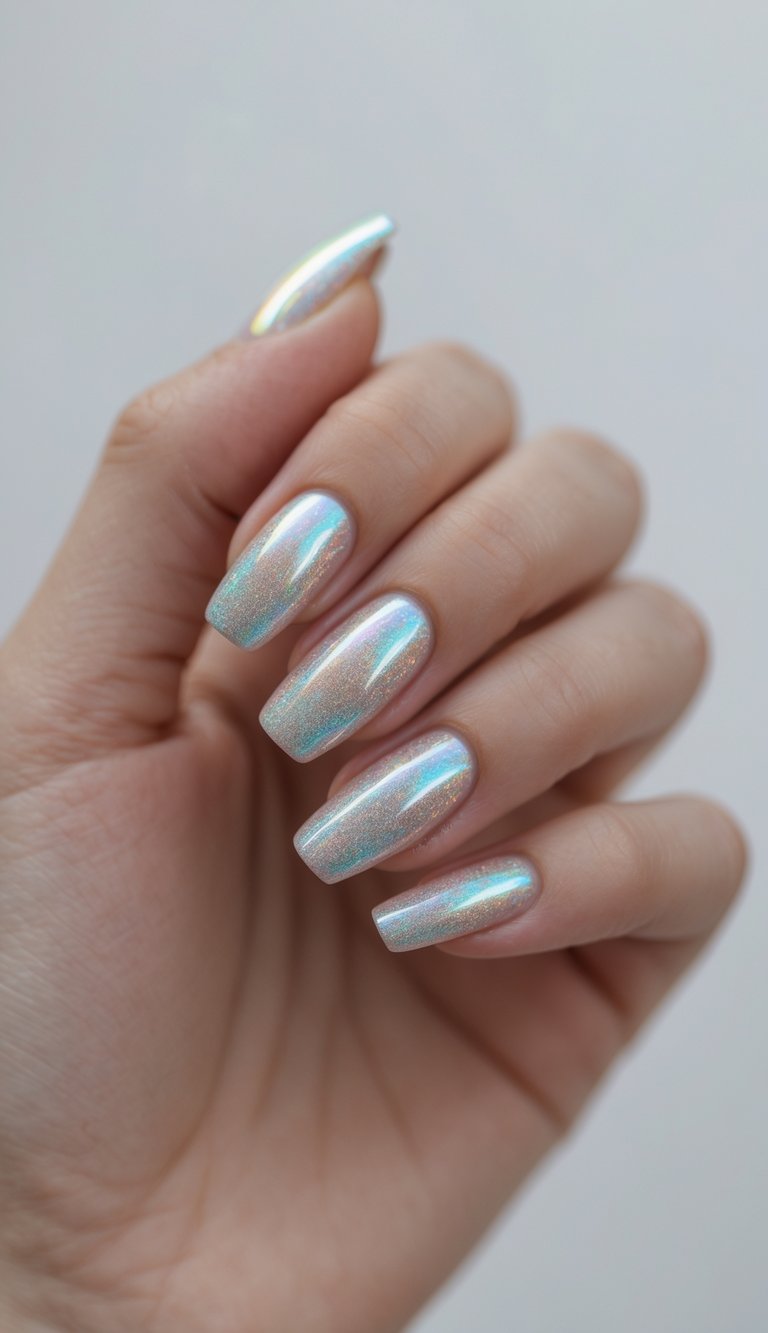 Close-up of one hand with nails featuring holographic nail art against a white background.