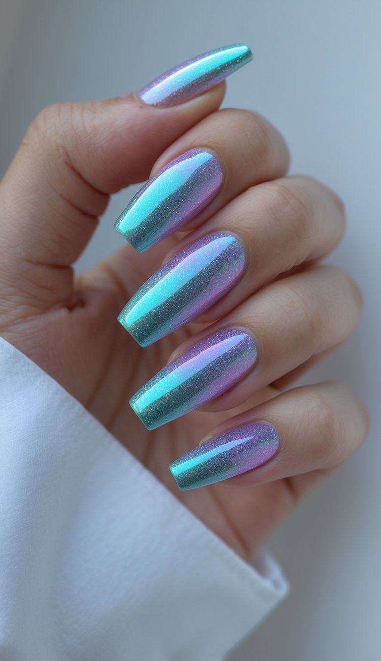 Close-up of one hand showing coffin-shaped nails with iridescent, colorful nail polish on a white background.