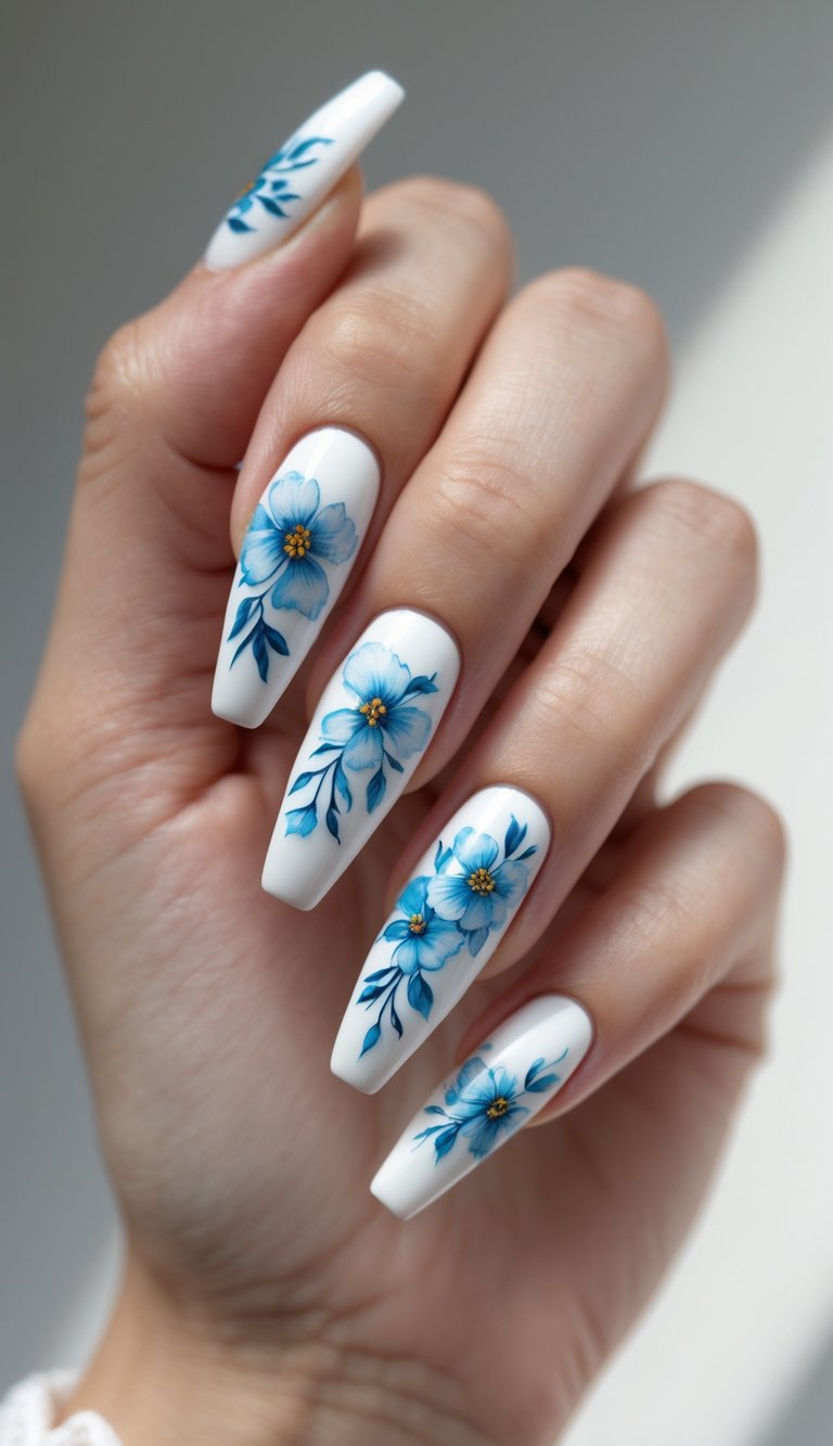 Close-up of one hand with white coffin-shaped nails decorated with blue flower designs against a white background.