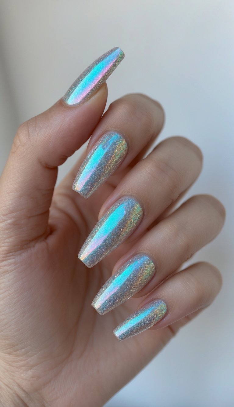 Close-up of one hand with holographic coffin-shaped nails against a white background.