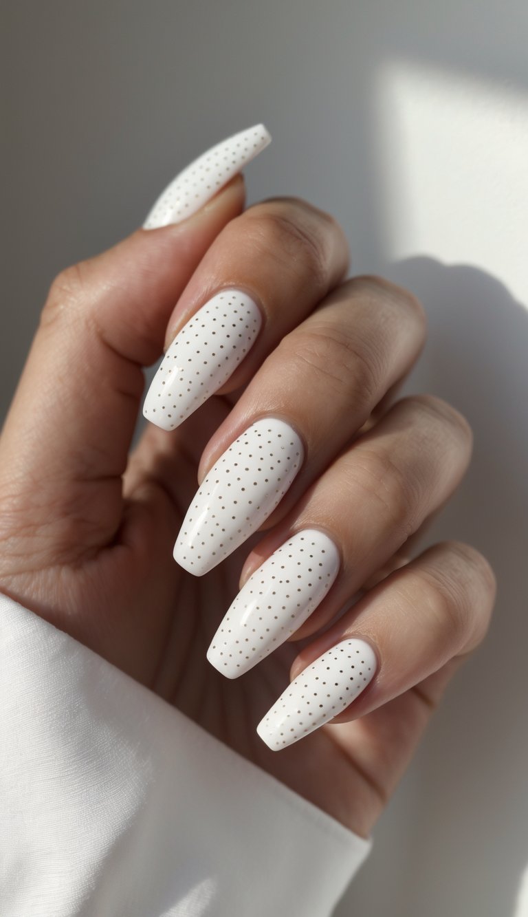 Close-up of one hand with white coffin-shaped nails decorated with tiny polka dots against a white background.
