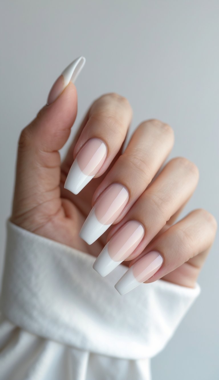 Close-up of one hand with neatly manicured French tip coffin nails against a white background.