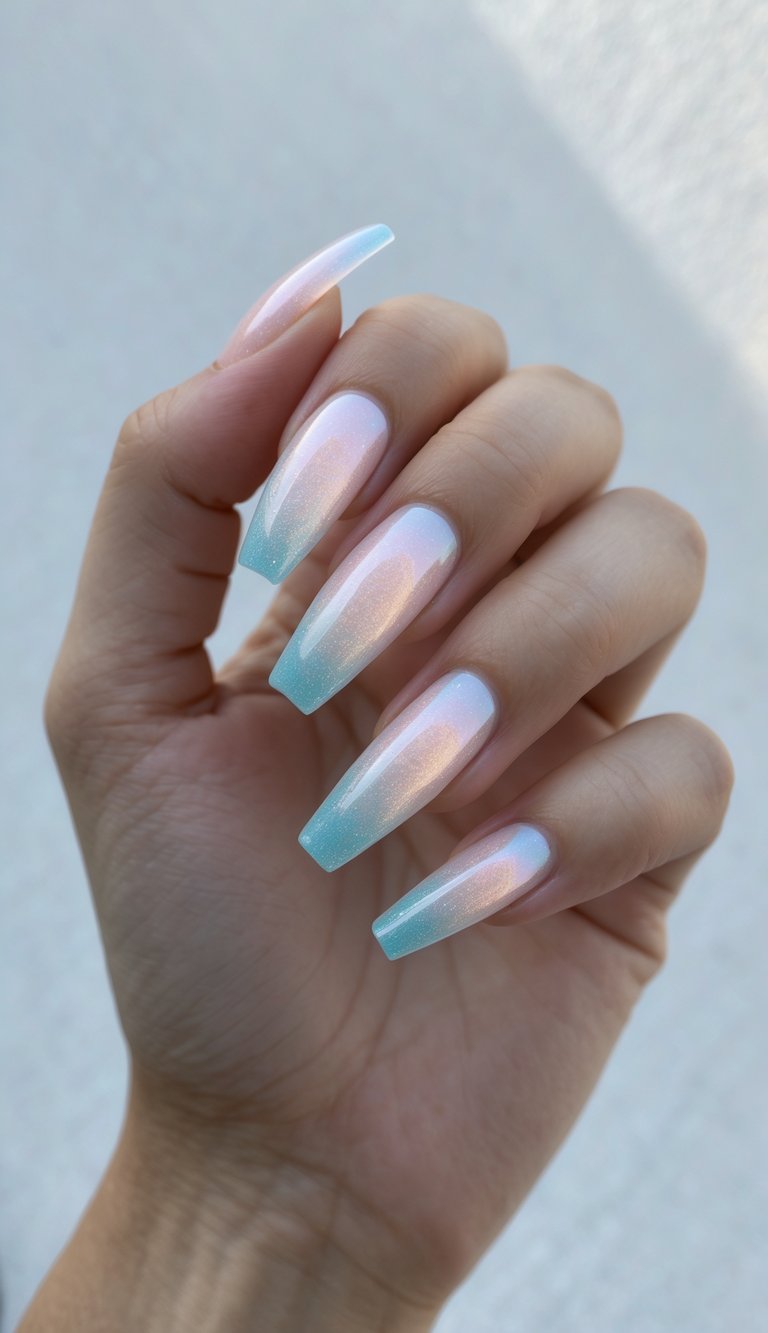 Close-up of one hand with coffin-shaped nails featuring detailed pastel nail art against a white background.