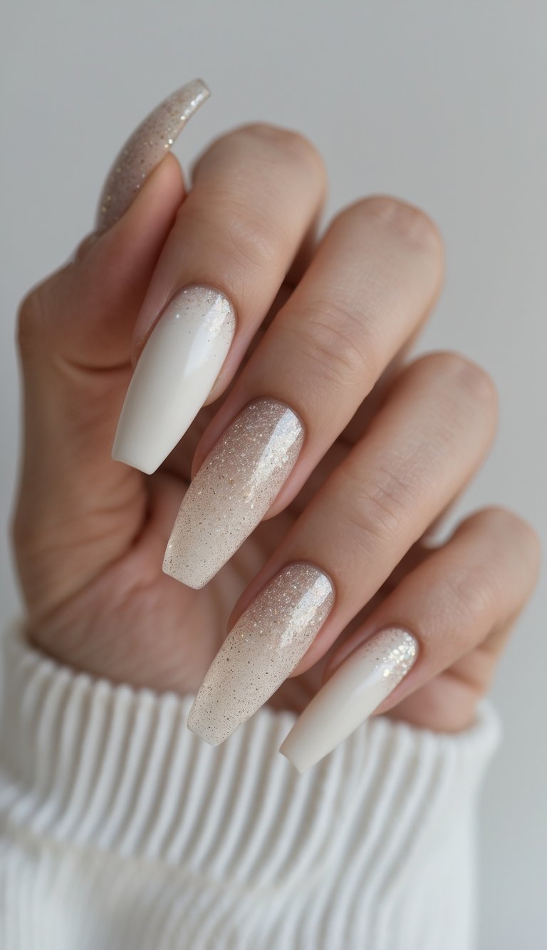 Close-up of one hand showing coffin-shaped nails with matte finish and glitter nail art on a white background.