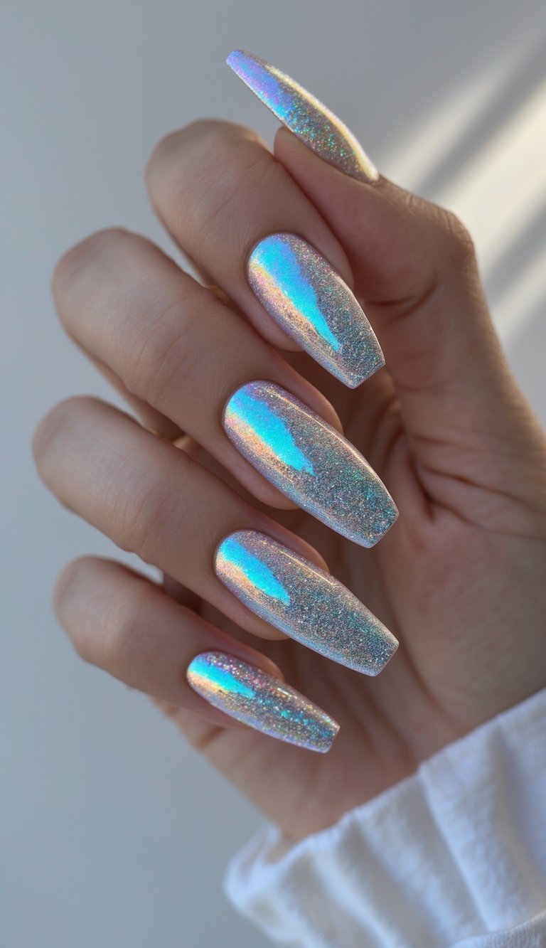 Close-up of one hand with coffin-shaped nails featuring shiny holographic nail art on a white background.