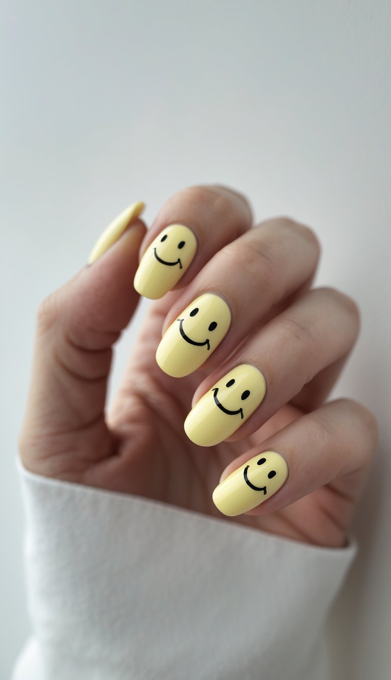 Close-up of one hand showing pastel yellow nails with small smiley face designs on each nail against a white background.