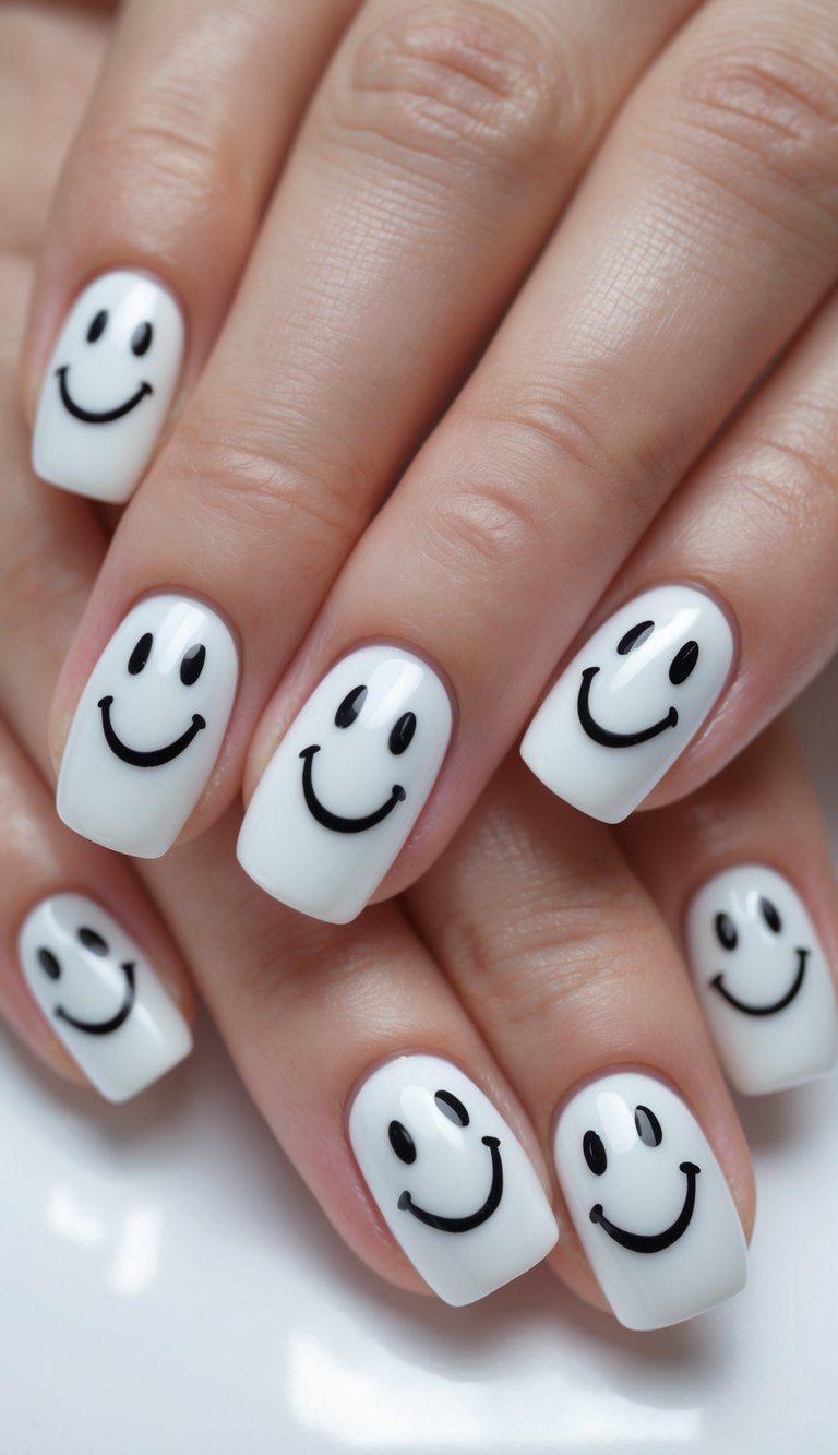 Close-up of one hand with glossy white nails featuring small smiley face designs on each nail against a white background.