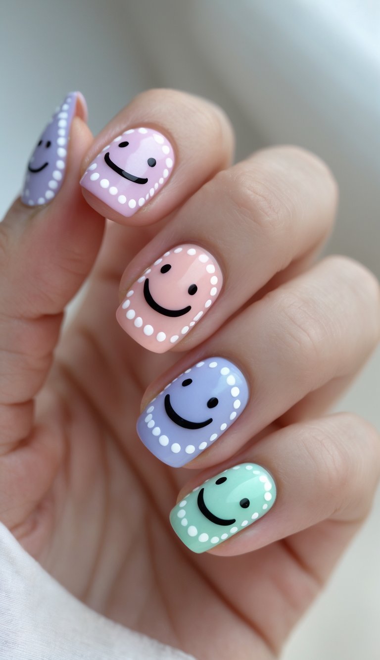 Close-up of one hand showing pastel-colored nails with smiley face designs and white dots on a white background.
