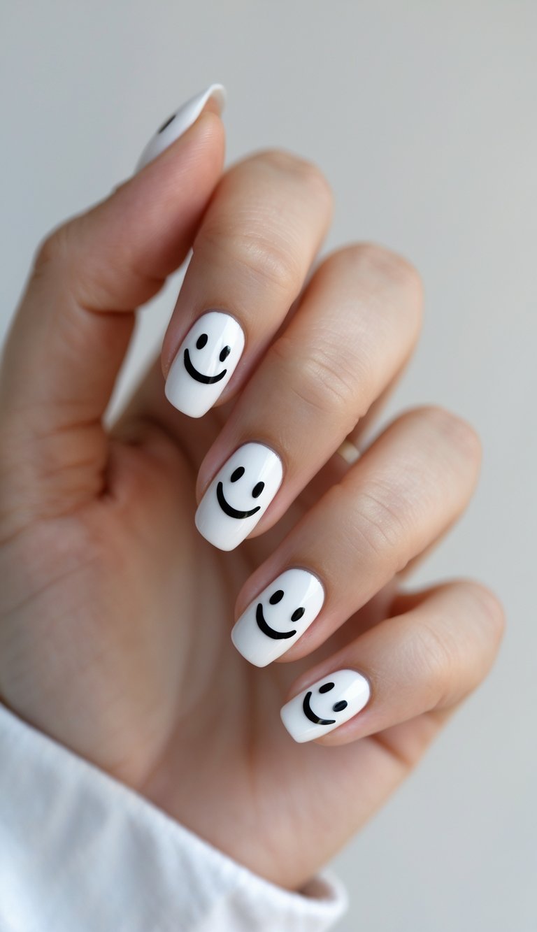 Close-up of one hand showing nails with black and white smiley face designs on a white background.