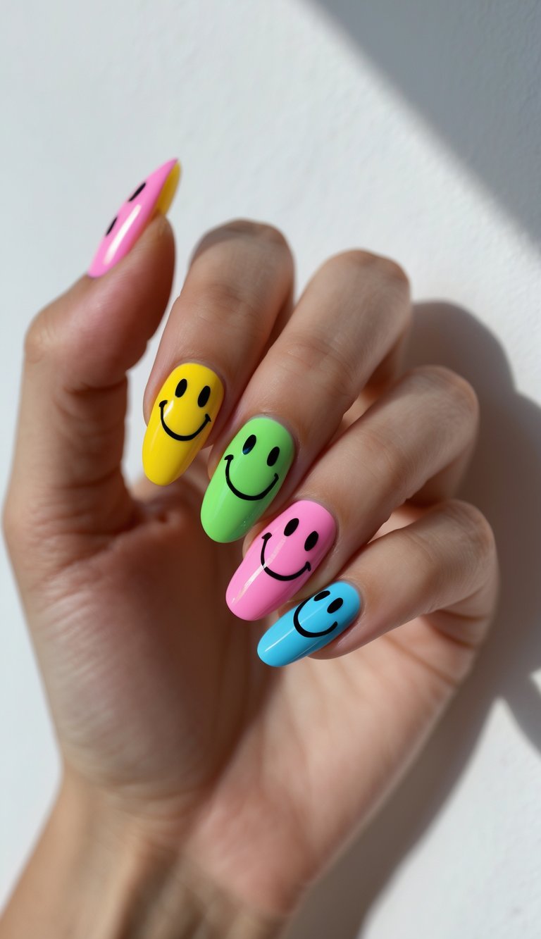 Close-up of one hand with colorful nails featuring smiley face designs against a white background.