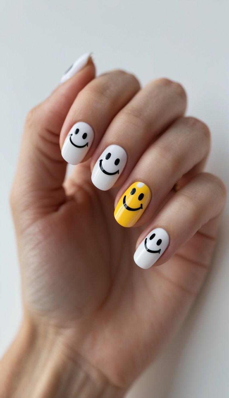 Close-up of one hand with nails painted in abstract smiley face designs against a white background.