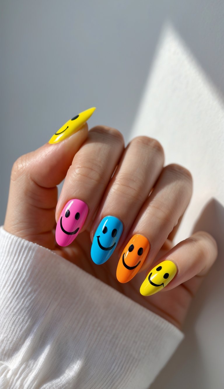 Close-up of one hand with brightly colored nails decorated with smiley face designs against a white background.