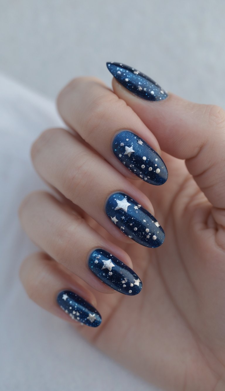 Close-up of one hand showing nails painted deep blue with small silver dots on a white background.