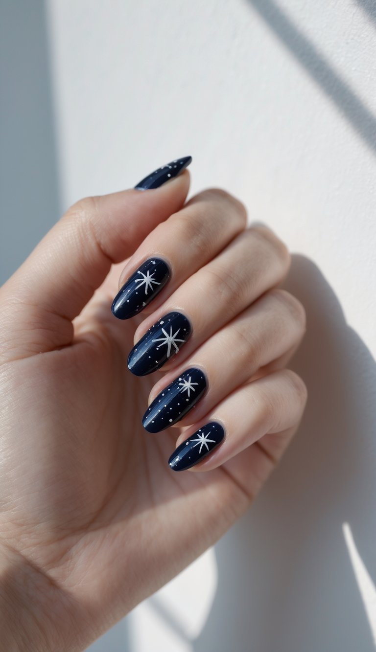 Close-up of one hand with nails painted dark blue featuring delicate white star outlines and small dots, against a white background.