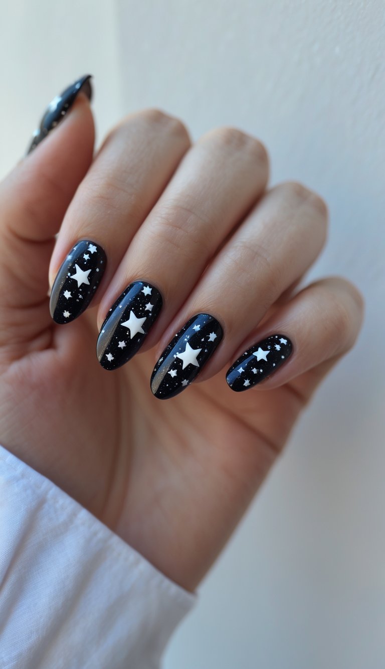 Close-up of one hand with black nails decorated with white star designs on a white background.