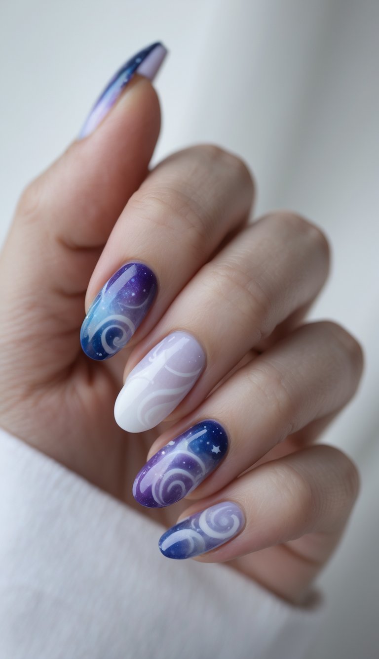 Close-up of one hand with galaxy-inspired nail art on neatly manicured nails against a white background.