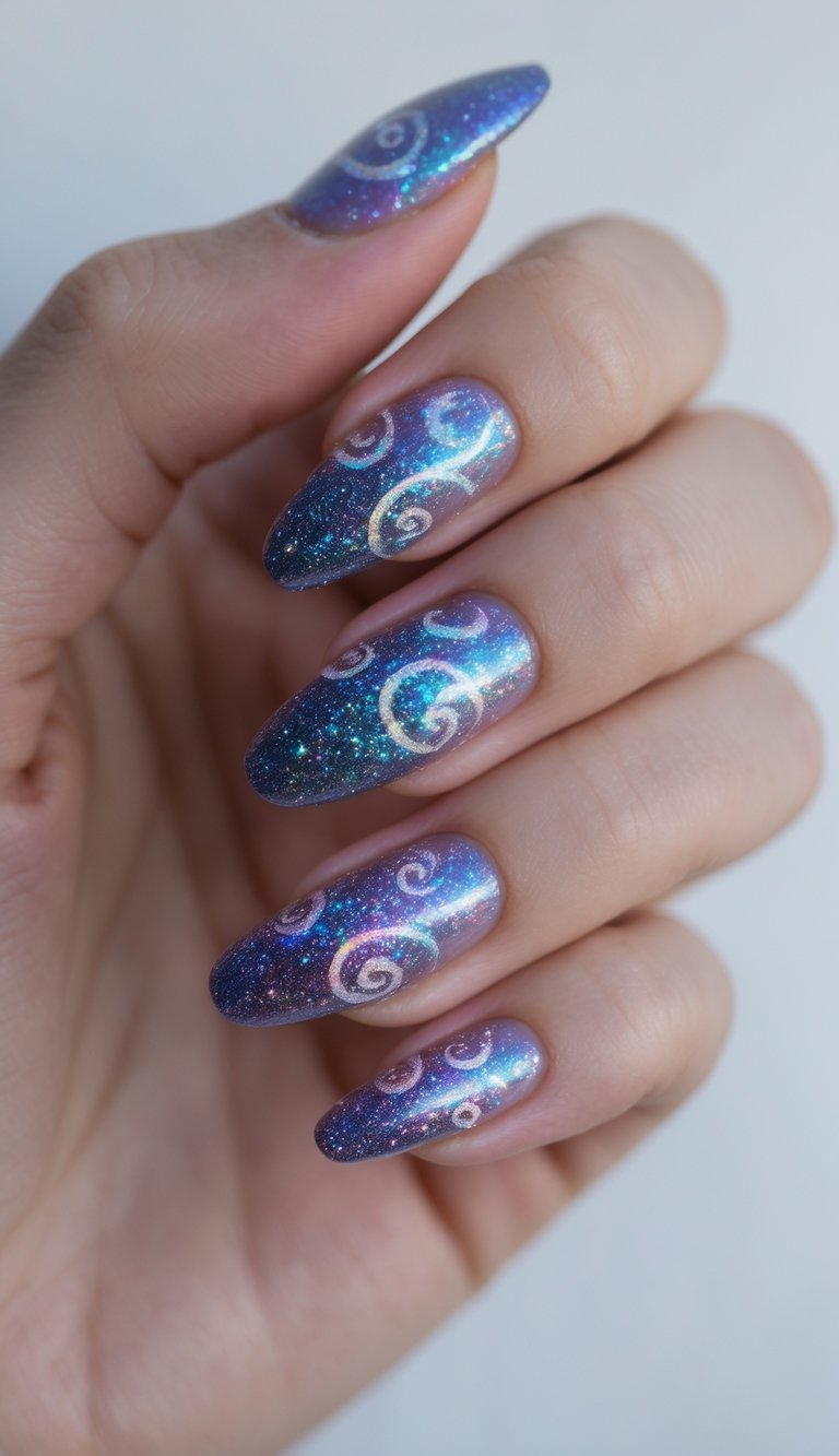 Close-up of one hand with holographic cosmic glitter nail art on a white background.