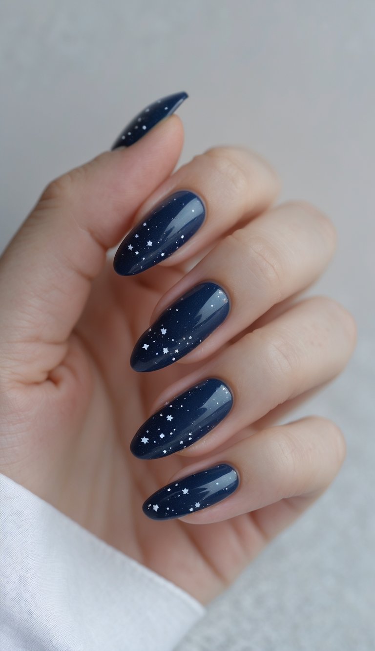 Close-up of one hand with navy blue gradient nails decorated with tiny star specks on a white background.