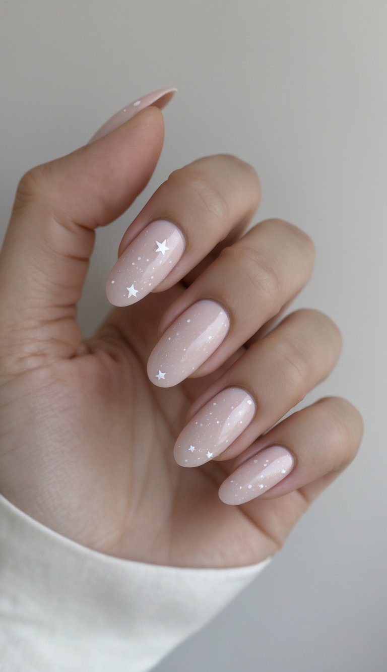 Close-up of one hand with powder pink nails featuring small star speckles and subtle swirl patterns on a white background.