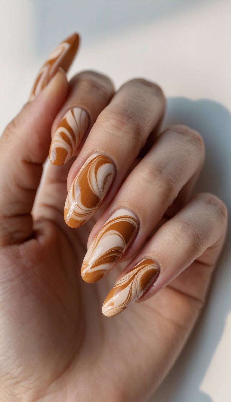 Close-up of one hand showing nails with cinnamon and caramel marbled nail art on a white background.