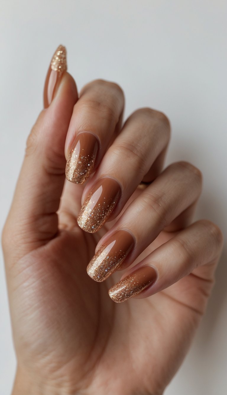 Close-up of one hand with cinnamon-colored glitter gradient nails against a white background.