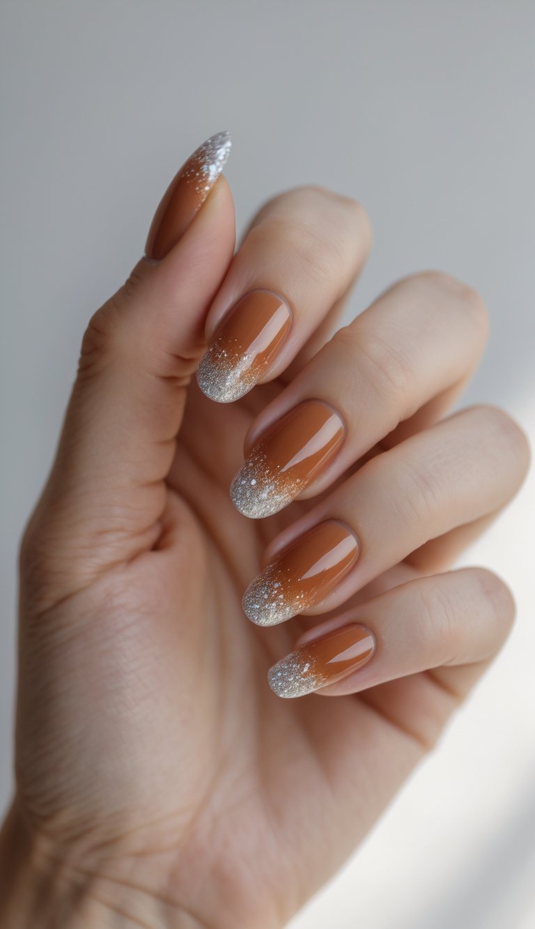 Close-up of one hand with cinnamon-colored nails featuring glittery ombre tips against a white background.