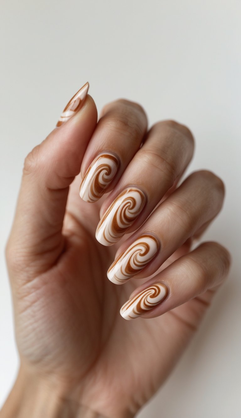 Close-up of one hand showing nails with cinnamon and latte swirl designs against a white background.