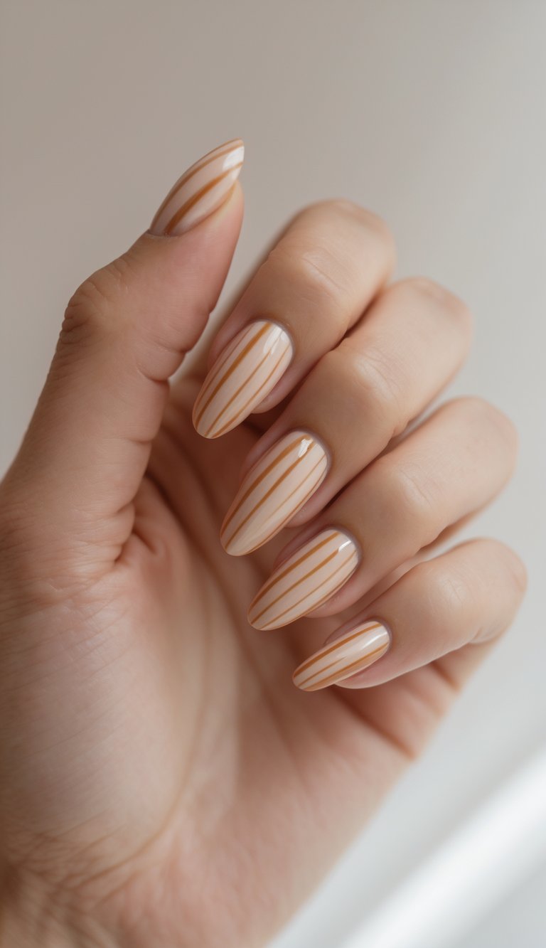 Close-up of one hand with cinnamon-colored nails featuring light caramel stripes on a white background.