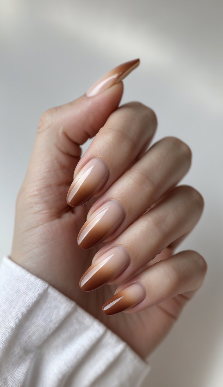 Close-up of one hand showing nails with cinnamon ombre tips on a white background.