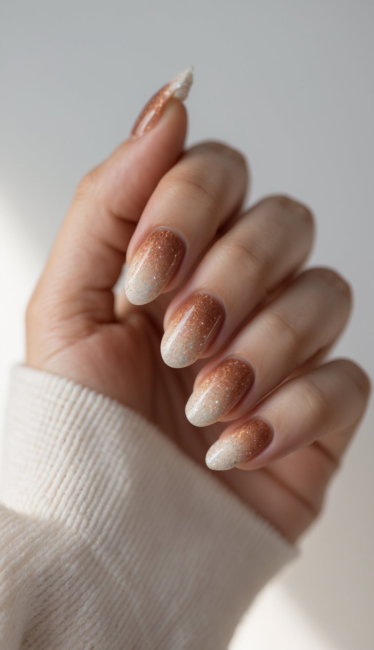 Close-up of one hand with nails painted in a cinnamon-colored glitter fade design against a white background.