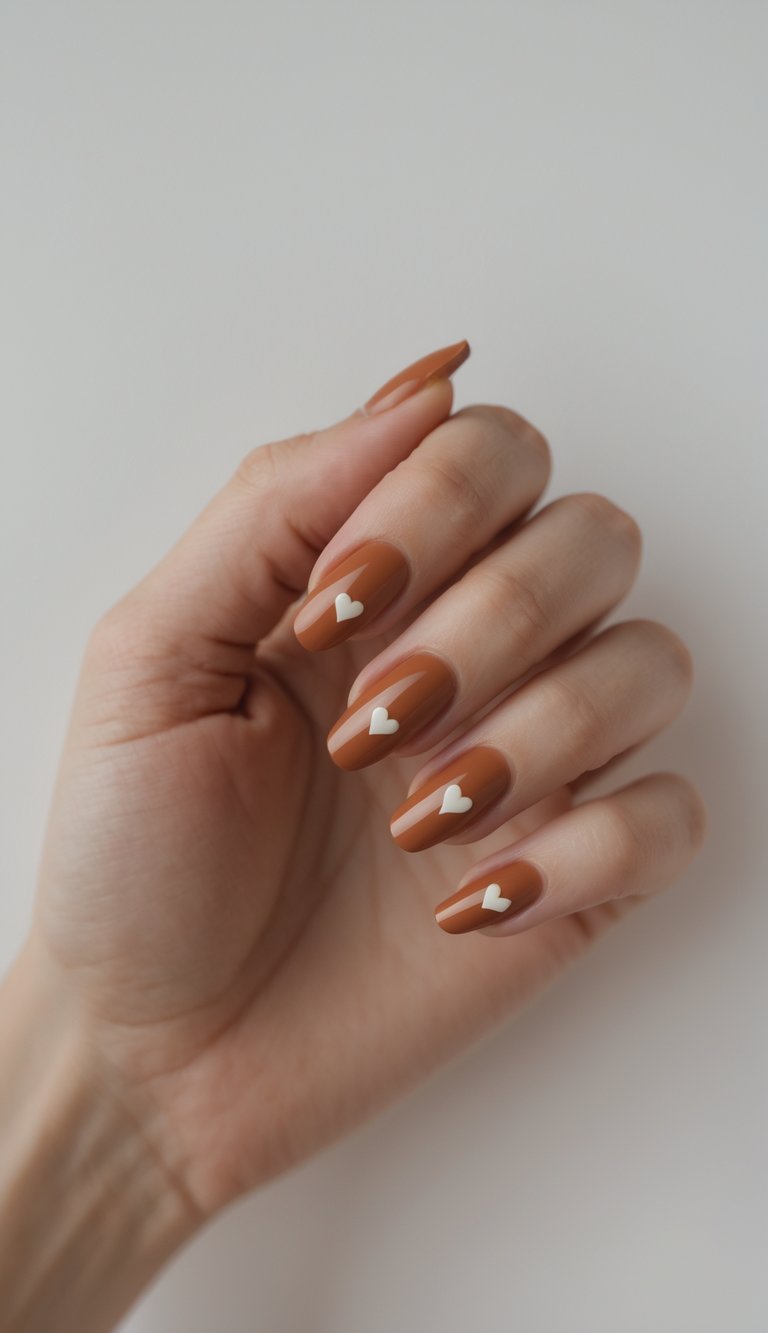Close-up of one hand with cinnamon-colored nails featuring small heart designs on a white background.