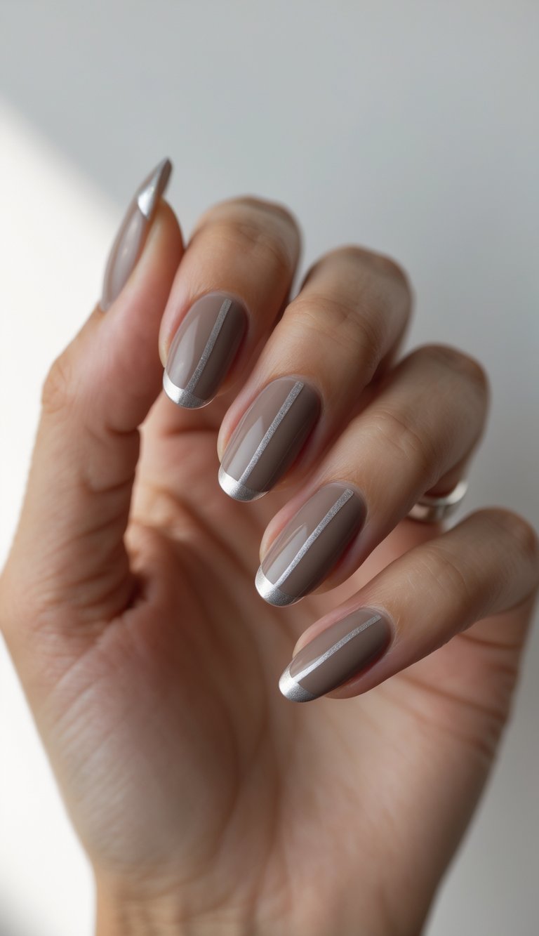 Close-up of one hand with mocha-colored nails and silver stripes against a white background.