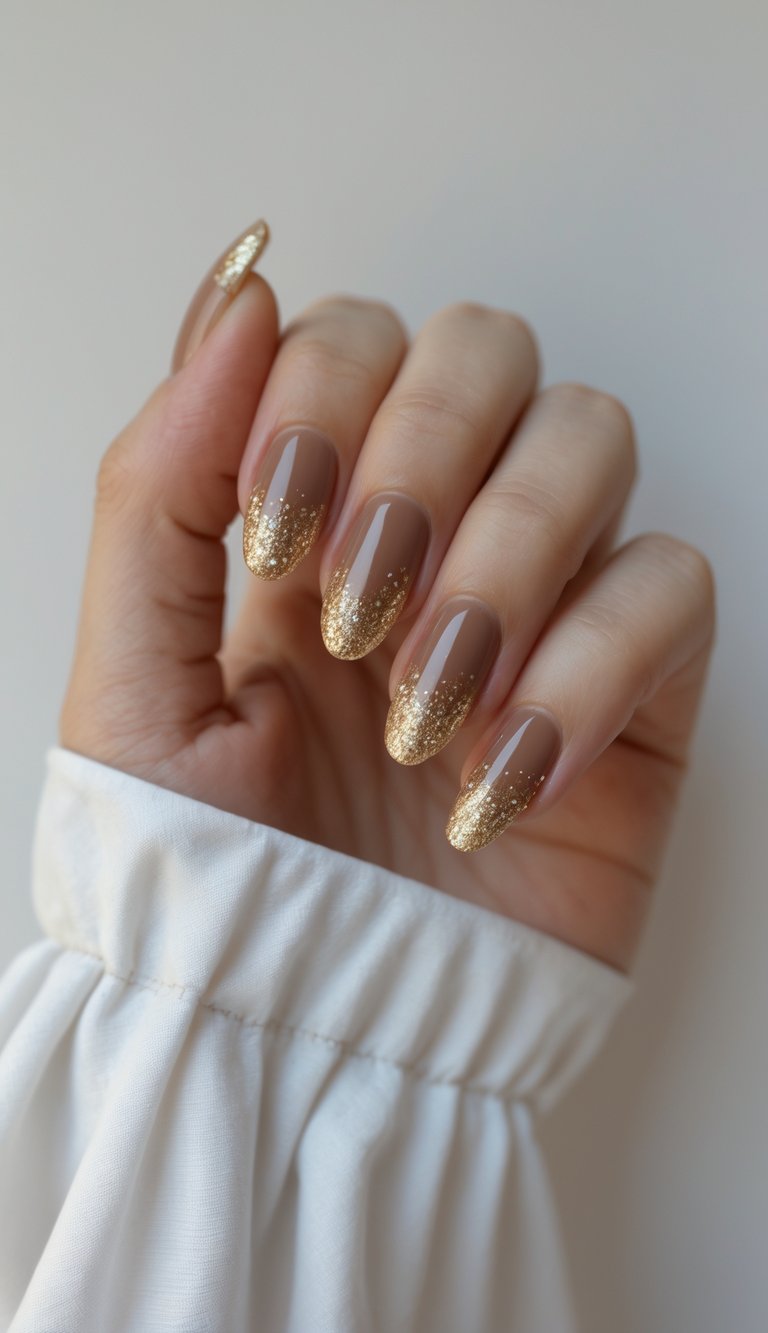 Close-up of one hand with nails painted in sheer mocha color and gold glitter gradient on a white background.