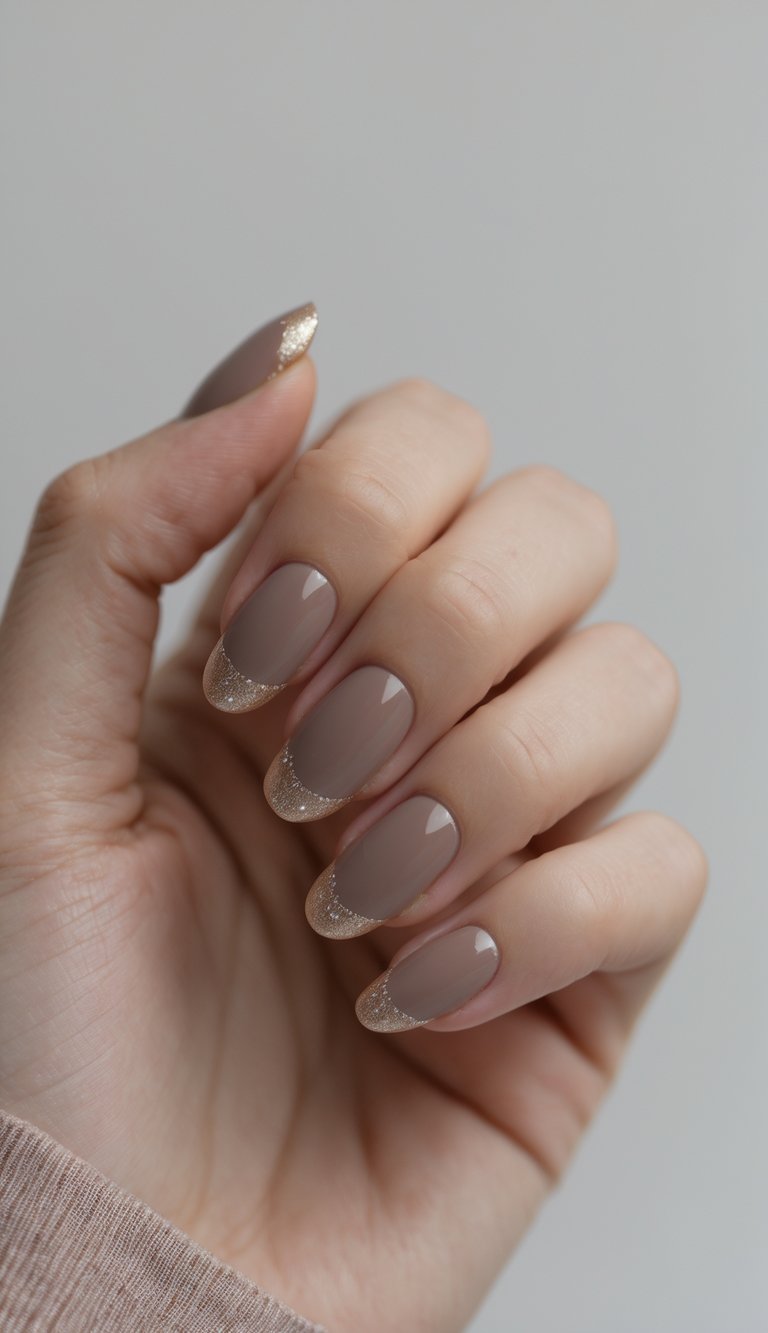 Close-up of one hand with mocha-colored nails and shimmering taupe tips against a white background.