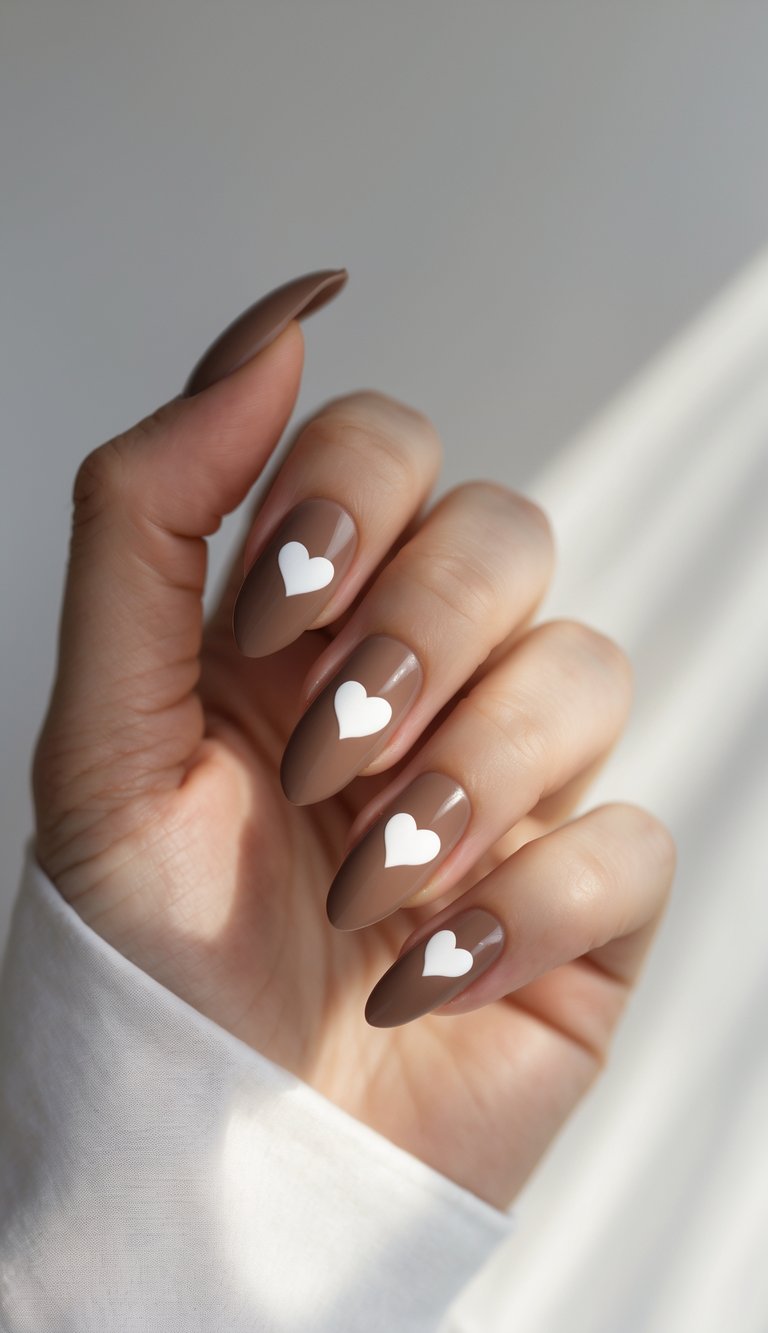 Close-up of one hand with mocha-colored nails featuring small heart designs on a white background.