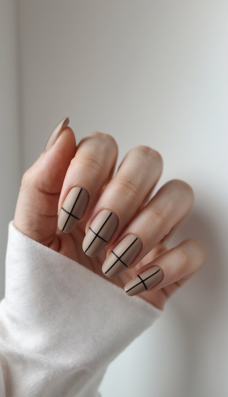 Close-up of a single hand with mocha-colored nails decorated with fine black cross lines on a white background.