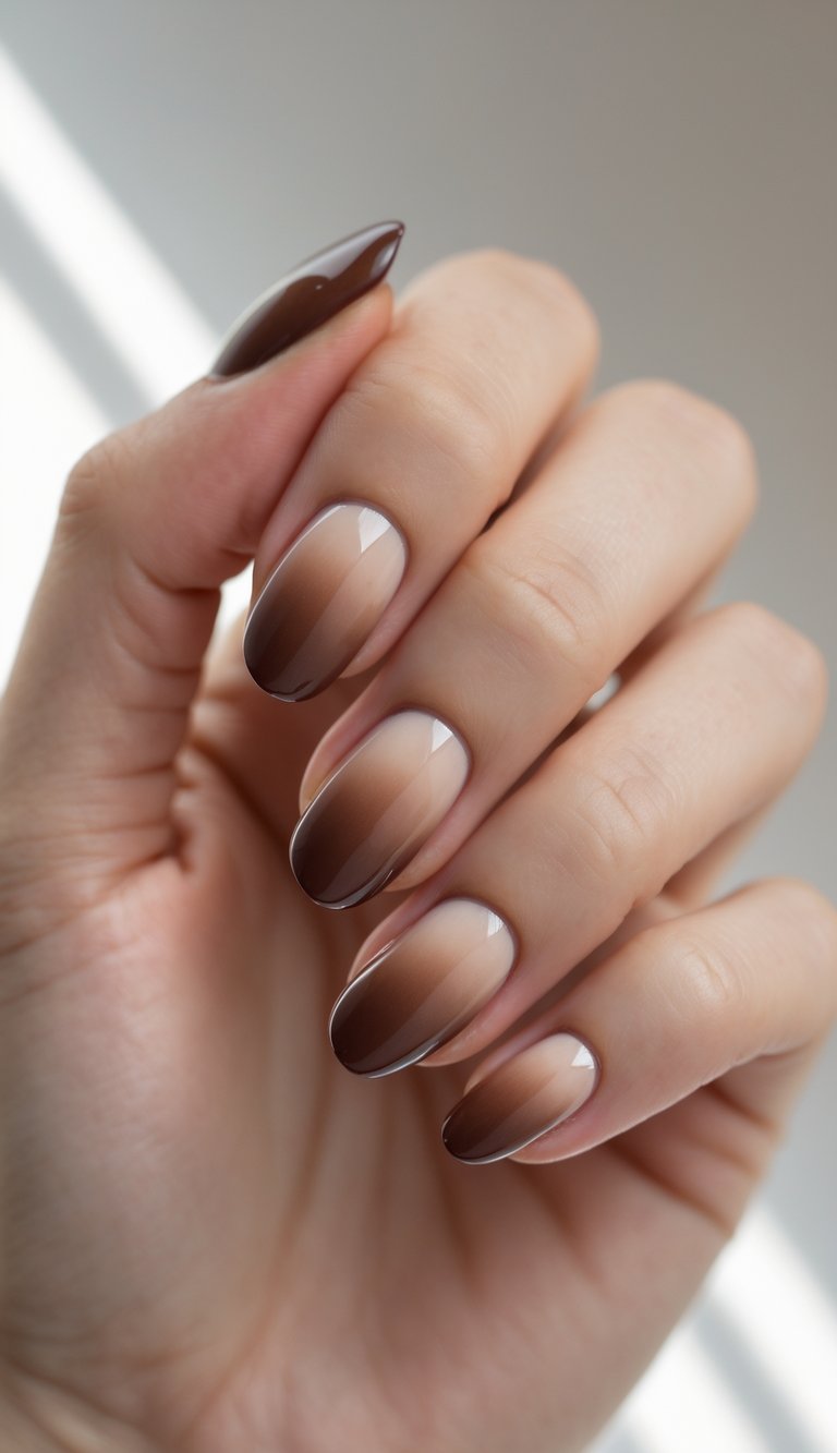 Close-up of one hand with brown gradient manicure on clean white background.