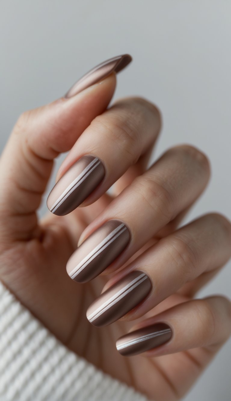 Close-up of one hand with mocha-colored nails decorated with silver stripes against a white background.