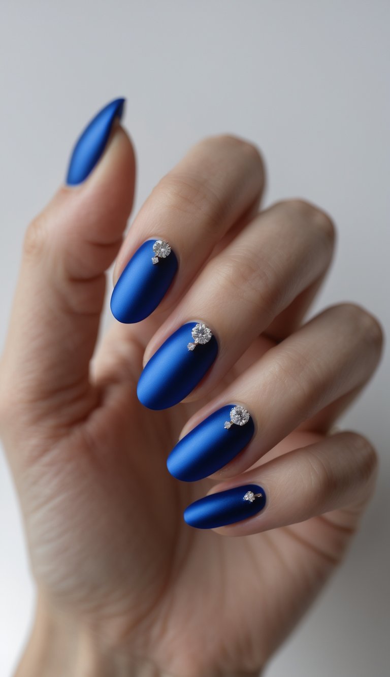 Matte royal blue nails topped with delicate crystal accents