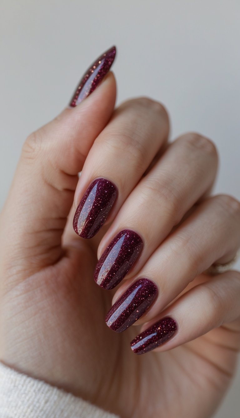Close-up of one hand with burgundy glittery nails against a white background.