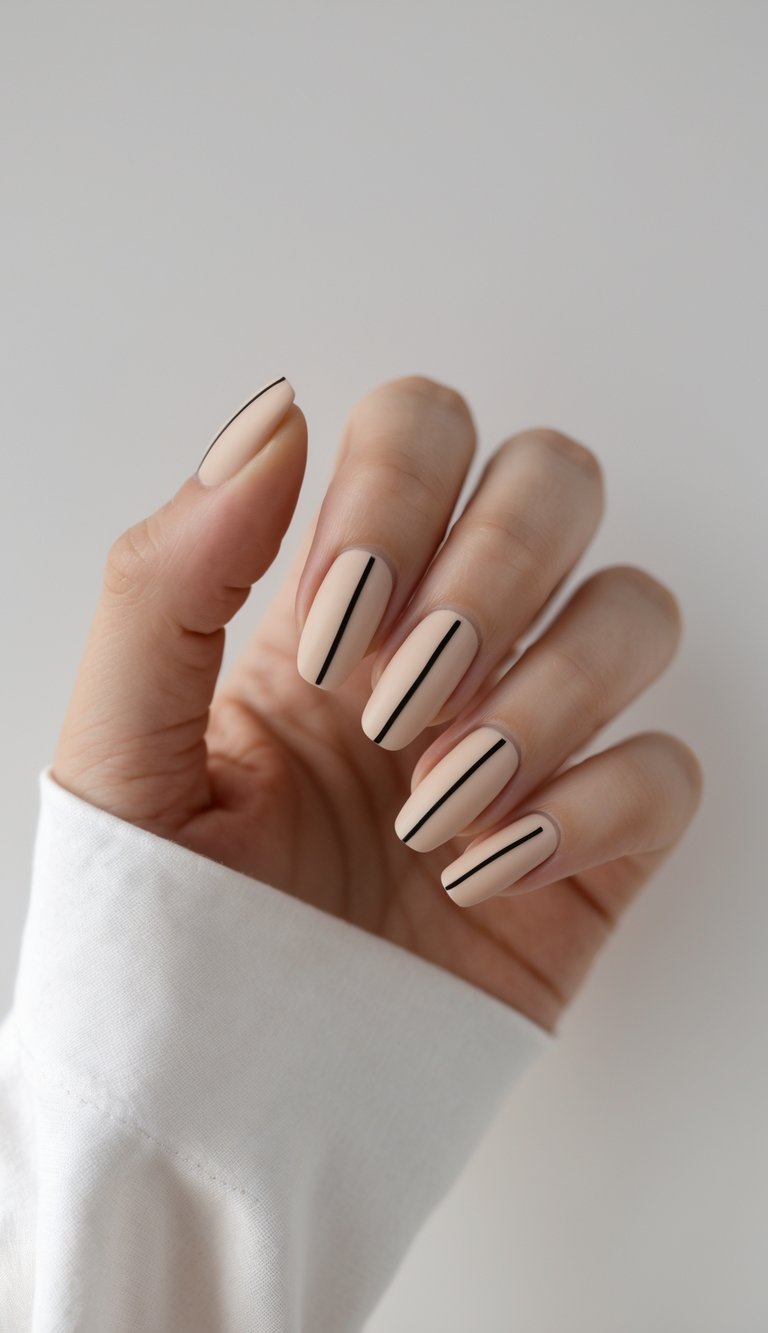 Close-up of one hand with beige nails featuring thin black geometric lines against a white background.