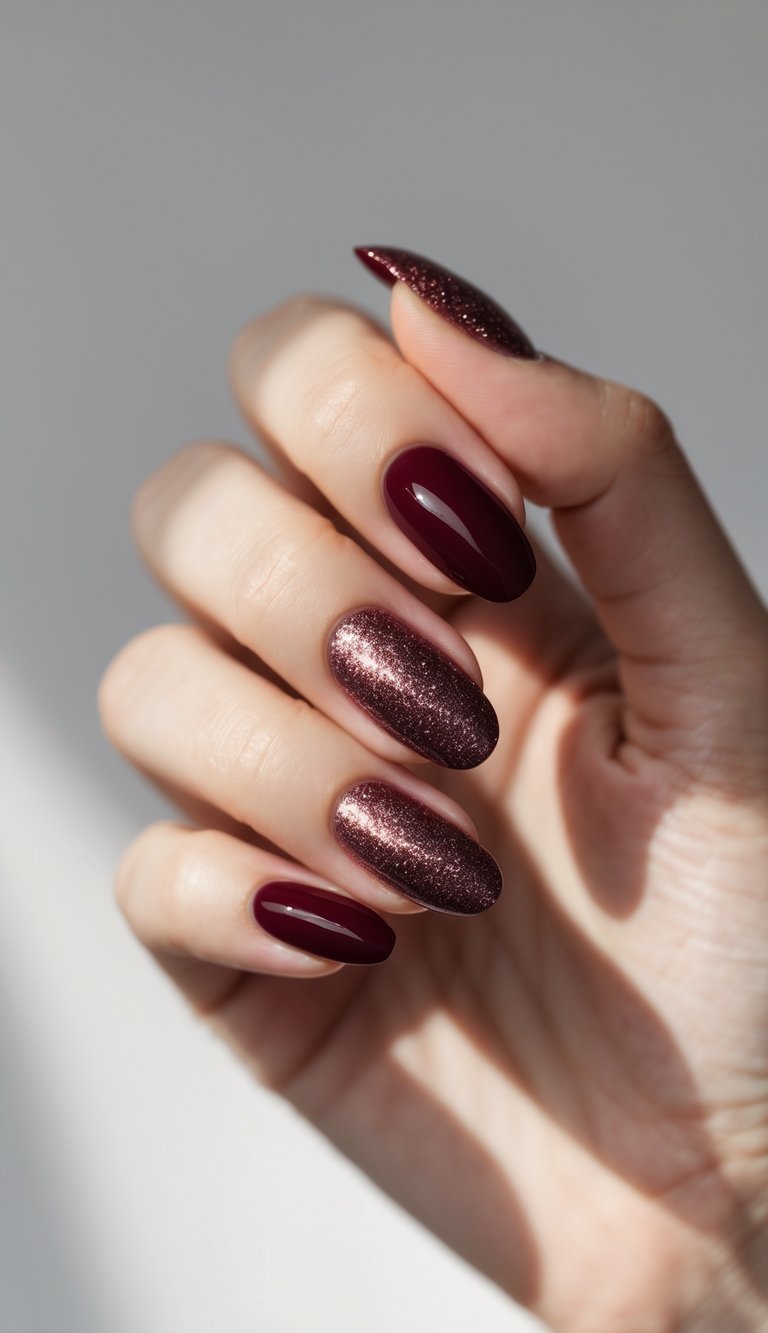 Close-up of one hand with burgundy nails featuring shiny chrome highlights on a white background.
